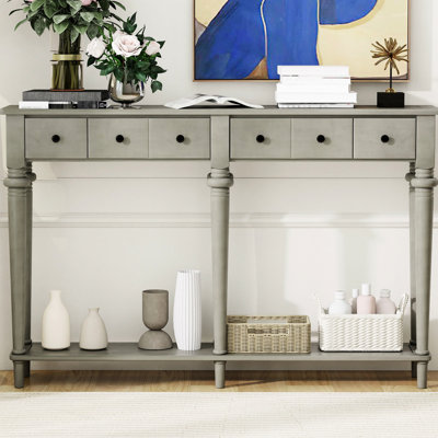 Retro Hallway Table, Grey Wash, 4 Drawers, Open Shelf, Pine Veneer, Stable And Design Wash Console Table For Different Areas, Vintage Charm, Structure