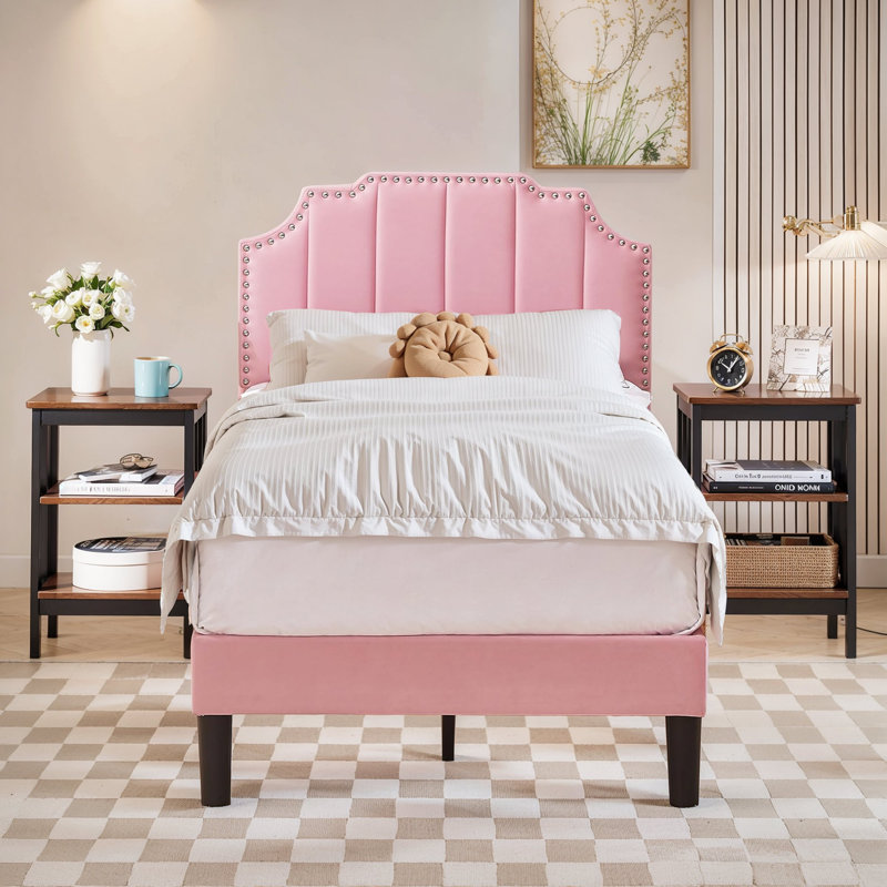 Lit simple tapissier avec 2 tables de chevet - Ensemble de chambre à coucher moderne, Brun, Lit simple