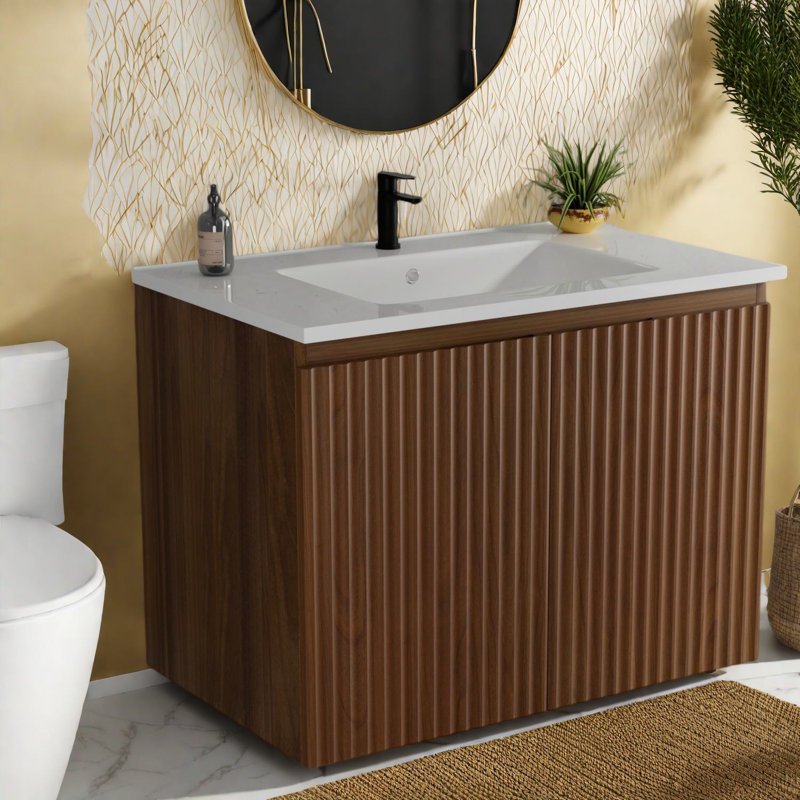 Meuble-lavabo et lavabo en céramique moderne en MDF noyer