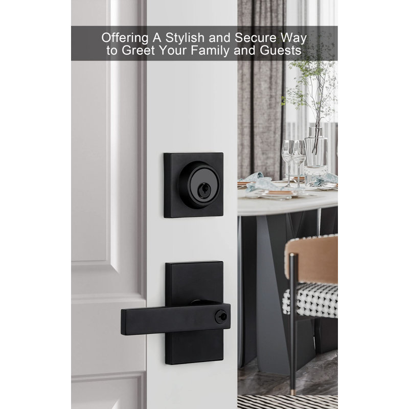 Ensemble de serrure de porte d'extérieur noir mat avec pêne dormant, poignée de porte avant carrée contemporaine, loquet réglable réversible pour les portes droite / gauche