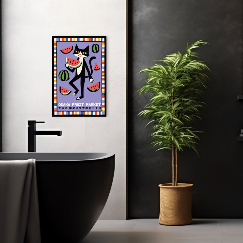 Art de l'été, chat noir, melon d'eau, H 24 po x l 16 po