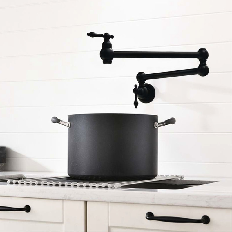Wall Mount Pot Filler Faucet Matte Black, Double Joint Swing Arms, Scratch-, Rust-, 100% Brass For Long-Lasting Durability Mount, Black Finish, Jointed Scratch , Rust , Show