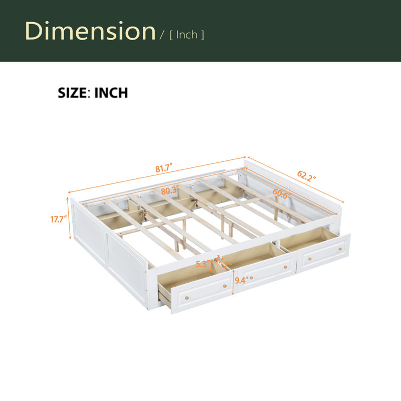 Structure de lit plateforme en bois avec 6 tiroirs, Blanc