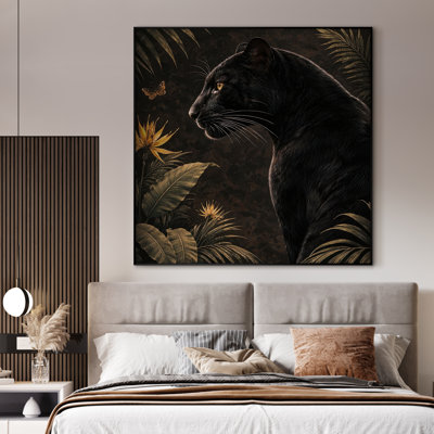 Extra Large Wall Art Fabric Print - Elegant Black Panther with Golden Botanical Accents for Living Room - "Frame Assembly Required (Unfinished Frame)"