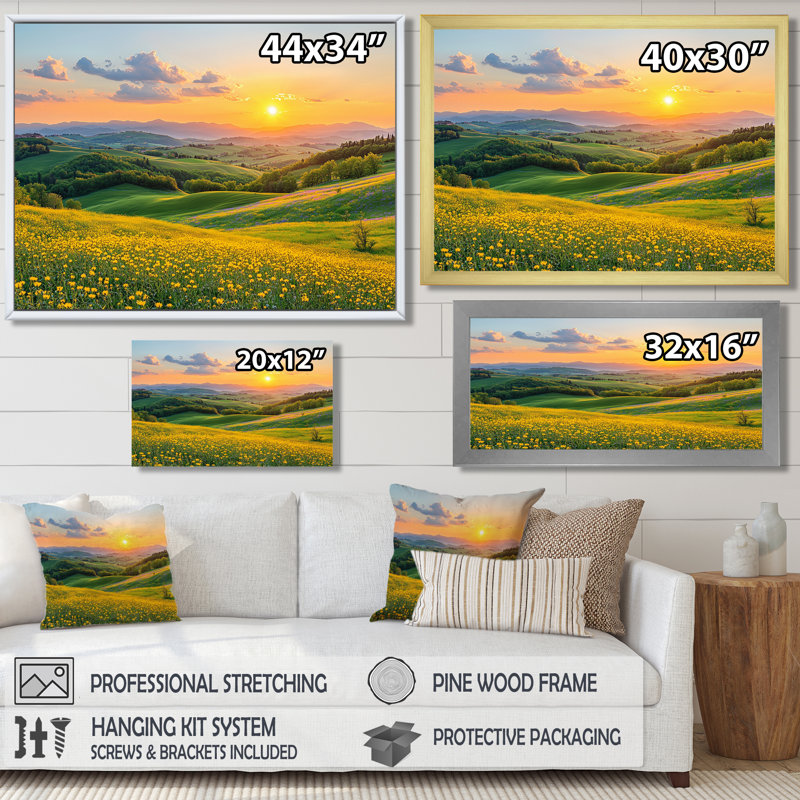 «Countryside Rolling Hills At Golden Hour I», impression sur toile encadrée, H 34 po x l 44 po, Cadre simple, Doré