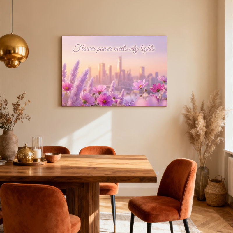 Ensemble de 1 tableau sur toile tendue « Flower Power Meets City Lights », H 16 po x l 24 po