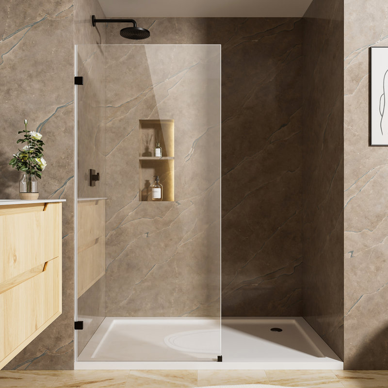 32'' X 68'' Black Hardware Frameless Fixed Shower Glass Panel – 3/8" Tempered Glass with Explosion-Proof Film Shower Screen
