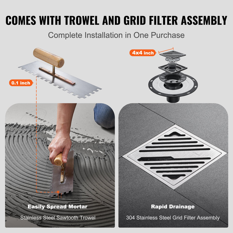 Shower Curb Kit, 60"X48" Shower Pan Kit With 2" PVC Central Flange, Waterproof Membrane, Stainless Steel Grate And Joint Sealant, Shower Pan Slope Sticks Fit For Bathroom