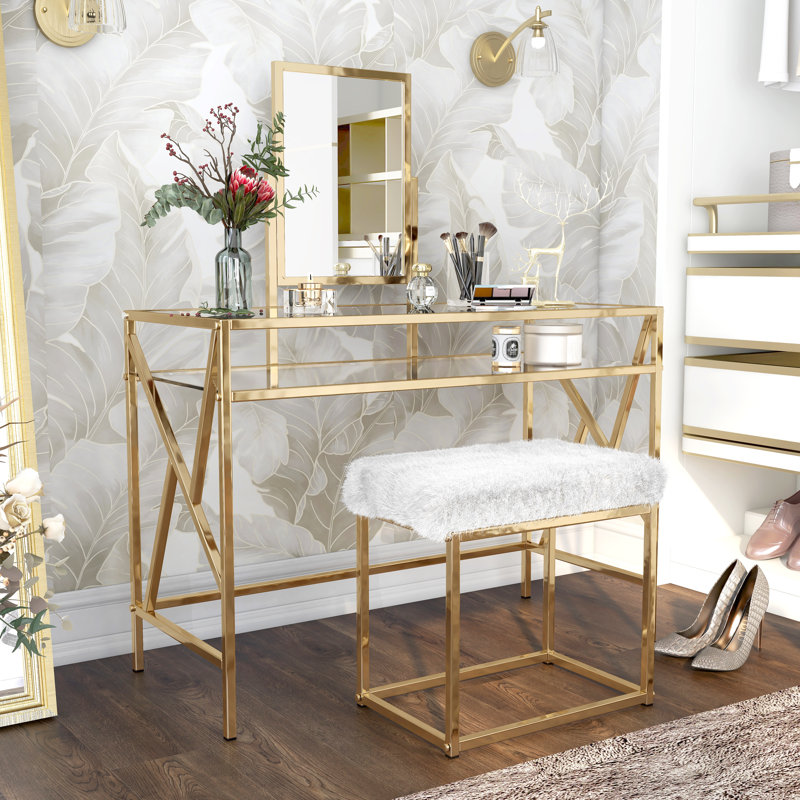 Kayli Glass and Metal Makeup Vanity Set with Stool, Champagne