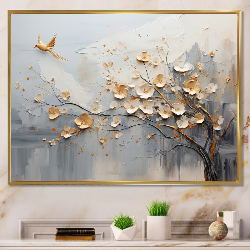 Art mural beige au Japon et arbre doré - formes abstraites, H 24 po x l 32 po x P 1 po, Cadre flottant doré