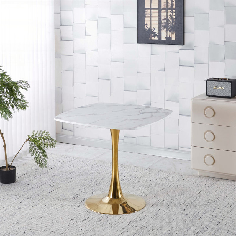 Table de salle à manger 31,5 "carrée tulipe blanche avec base dorée, Blanc