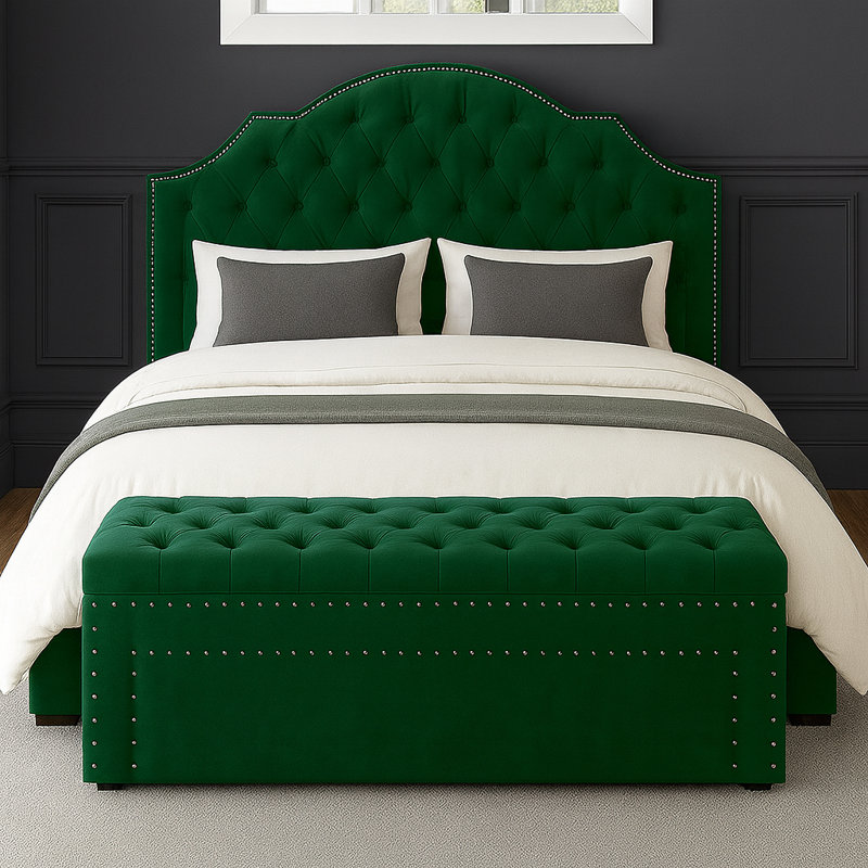 Duke Ottoman Storage Box - Chesterfield Upholstered Blanket Box - Plush Velvet Ottoman Bench with Storage, Forest Green