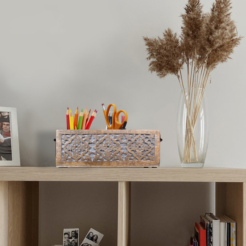 Organisateur de bureau en bois à 3 fentes Mela Artisans, gris, naturel / noir, gris