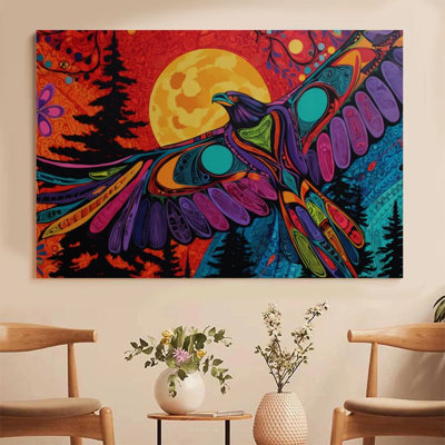 1Pc Framed Canvas Poster Print Eagle flying, full moon forest, totem art style Wall Art Decor, Perfect for Room Decor Living Room Bedroom Office Kitch