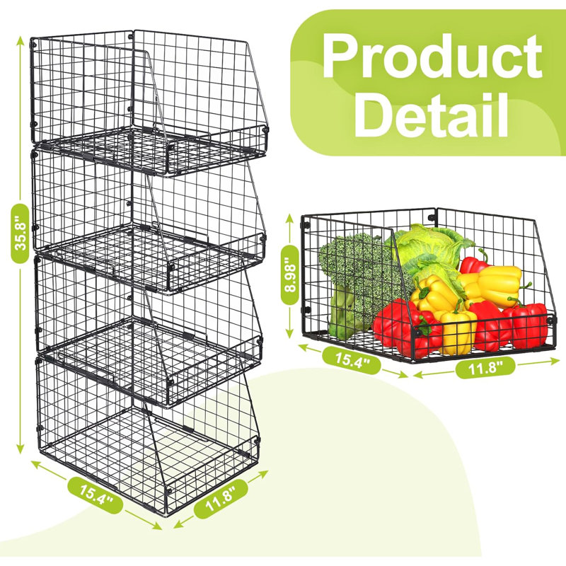 Ensemble de 4 organisateurs de rangement en fil empilables, organisateur de garde-manger très grand, multi-usage pour les légumes, les fruits, les jouets et les produits
