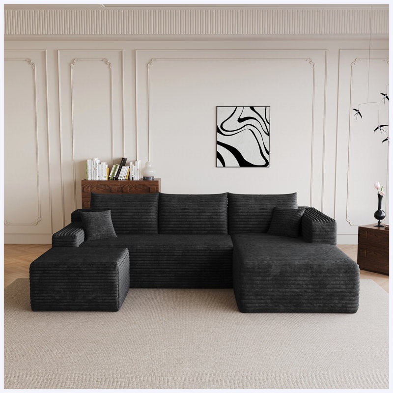 Canapé modulaire en velours côtelé noir 95 po avec 1 repose-pieds, canapé en U moderne, aucun assemblage requis, Noir