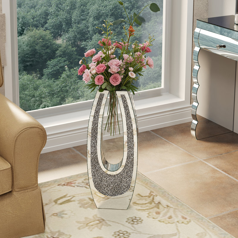 Grand vase de plancher en forme de U avec miroir en verre trempé transparent diamant écrasé, vase décoratif moderne pour salon, entrée, couloir, hôtel