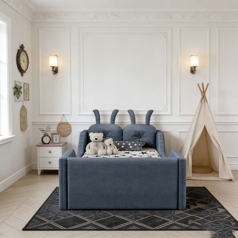 Lit plateforme tapissier simple avec coussin en lapin et rails latéraux amovibles, Gris