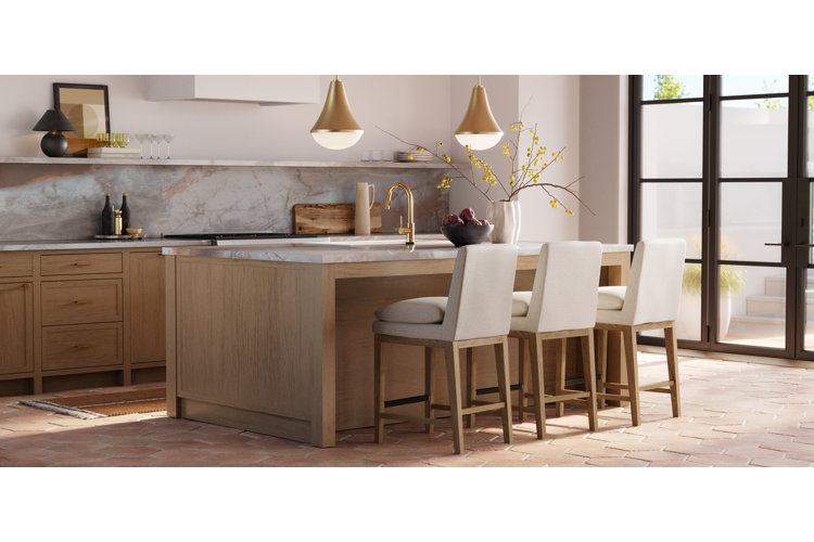 Modern white kitchen ideas with wood island, marble backsplash, and gold pendant lights