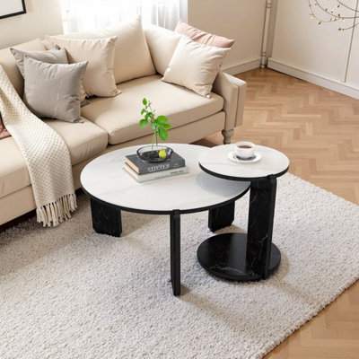Ensemble de tables basses gigognes rondes peu encombrantes: dessus en pierre frittée de 32,68 po et 16,93 po, tables de bout modernes pour le salon ou la chambre à coucher (blanc / noir)