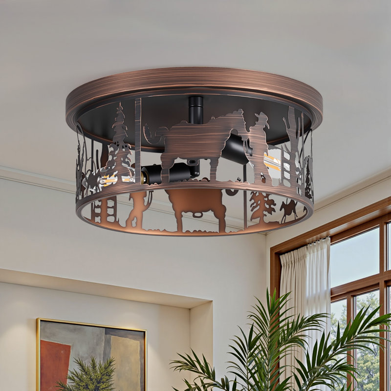 11.2-In 2 - Light Farmhouse Semi Flush Mount With Cowboy Horse Round Shade, Oil Rubbed Bronze