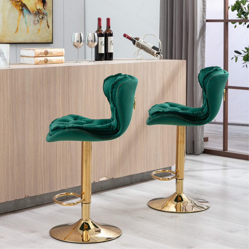 Set Of 2  Bar Stools,With Chrome Footrest And Base Swivel Height Adjustable Mechanical Lifting Velvet + Golden Leg Simple Bar Stool-Grey