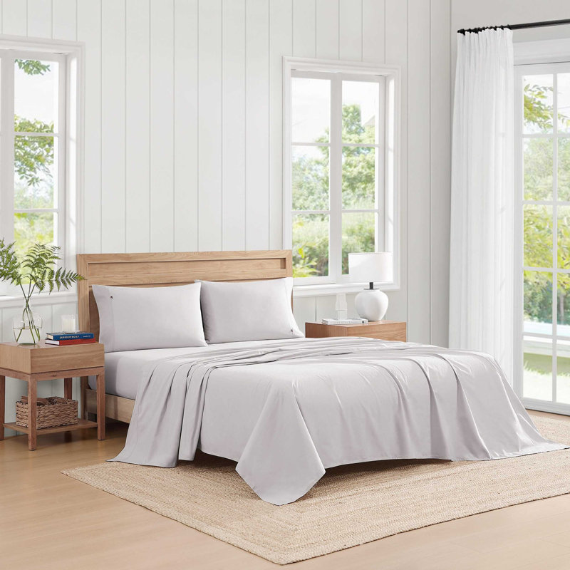 Ensemble de draps en percale de coton Tommy Hilfiger, Ensemble de draps pour très grand lit avec 2 taie, Gris