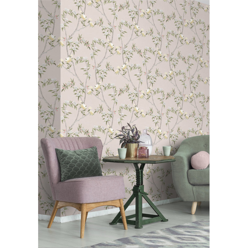Spring Blossom Chinoiserie Floral Vine 33' L x 21" W Wallpaper Roll, Pink
