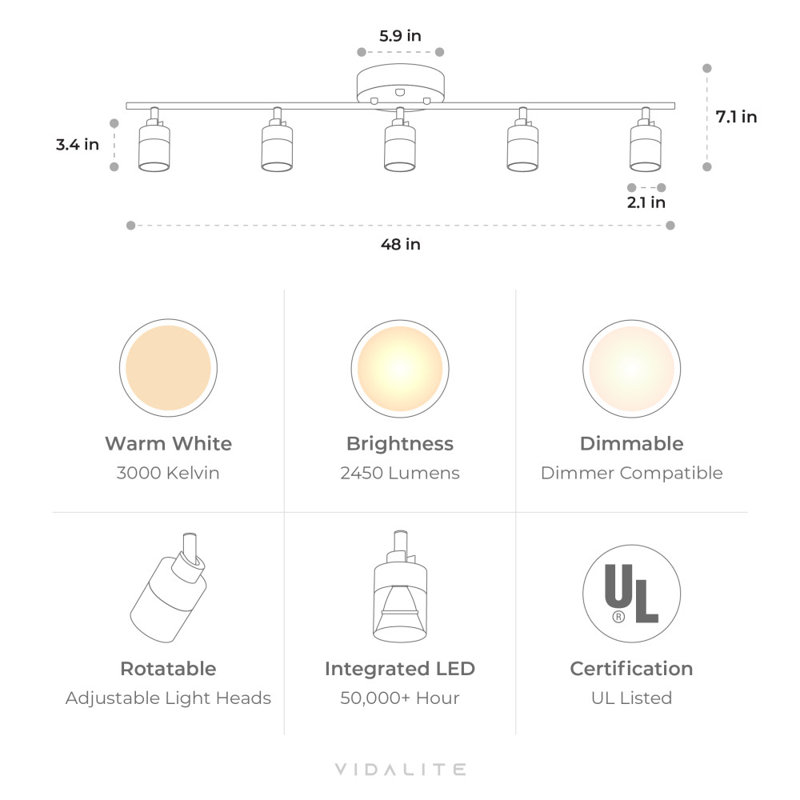 Shura 5-Light Integrated LED Track Light with Rotatable Heads, 4 ft. Track Lighting Kit, 3000k, 2450 Lumen, Matte Black