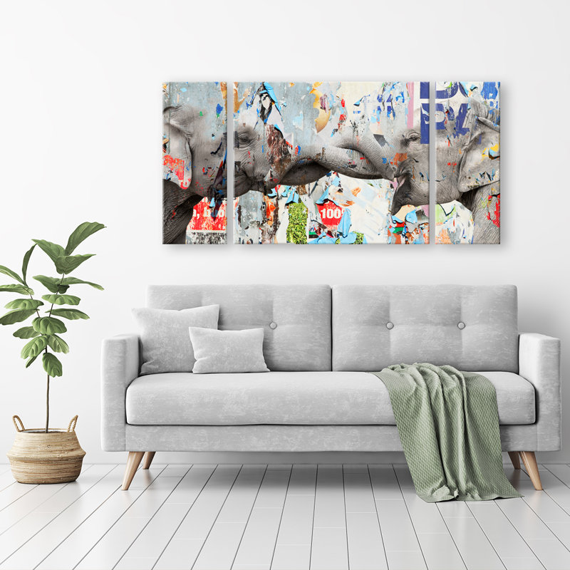 «Saddle Ink Elephant VI» par Tristan Scott - ensemble de 3 reproductions sur toile, Toile tendue, Pas de tapis
