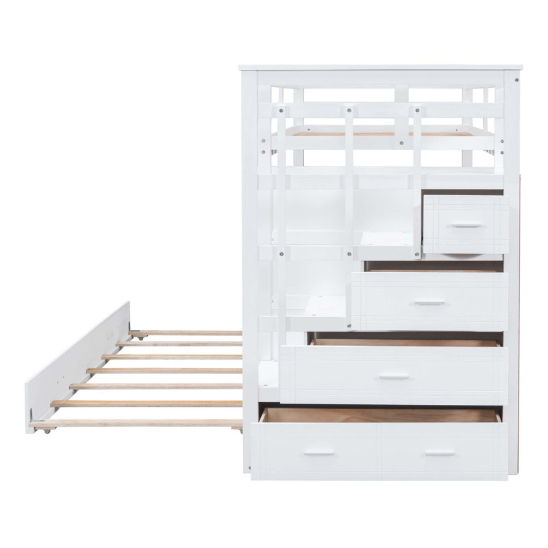 Bunk Bed With Trundle And Staircase,, White
