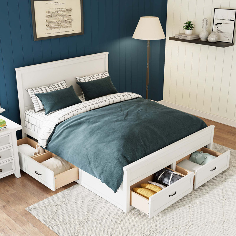 Grand lit avec rangement à 6 tiroirs, lit plateforme, Blanc