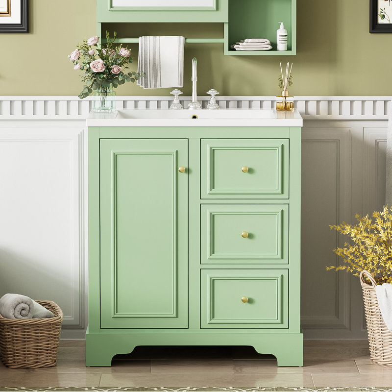 30'' Single Bathroom Vanity With Ceramic Top, Green, Gold