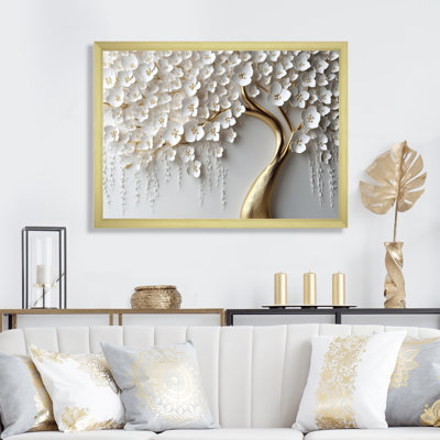 White and Gold Orchid Tree Garden Of Branches IV - Tree Floral Wall Art Print (No Texture)