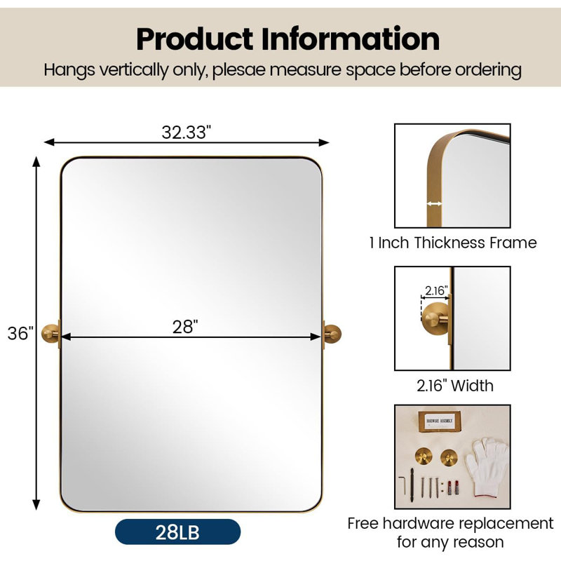 Modern Tilting Bathroom Vanity Wall Mirror | Stainless Steel Pivot Frame, Brushed Gold, 36" x 28"