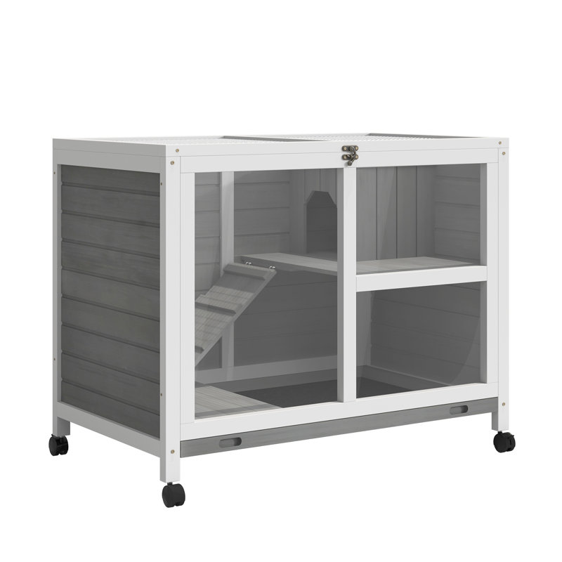 Cage à lapin compacte avec roulettes - imperméable, gris intérieur, bureau et table d'appoint. Bois imperméable pour 1 ou 2 lapins nains. 36 po de longueur x 21 po de largeur et 28,75 po de hauteur. Simple à déplacer
