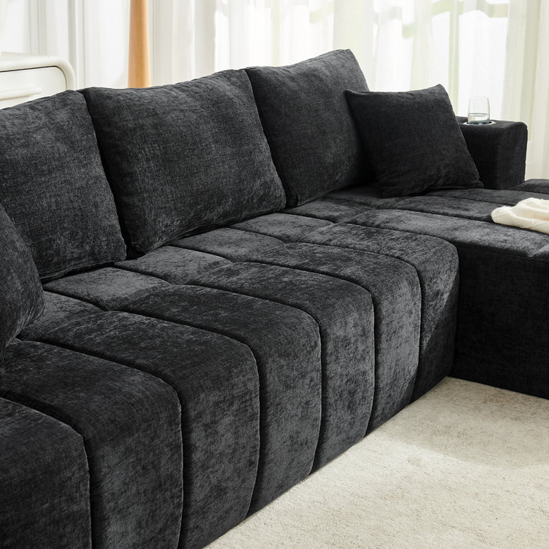 Canapé modulaire en L à compression avec porte-gobelets et poches latérales, Chenille noir, Orienté à droite