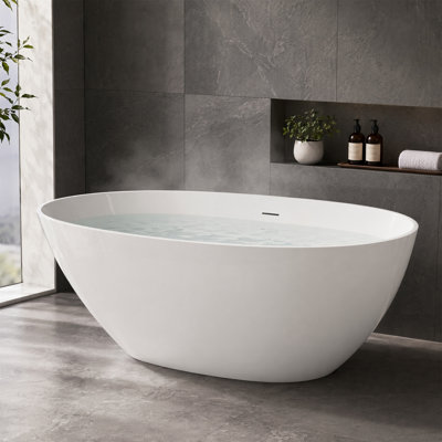Baignoire autoportante à surface solide de 59 po, résine de pierre blanche brillante, trempage profond, courbe ergonomique, bonde escamotable