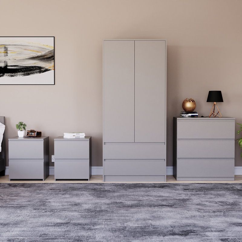 Tanino 4 Piece Bedroom Set (2 Drawer Large Bedside Chest X2, 3 Drawer Chest, 2 Door 2 Drawer Wardrobe), Grey