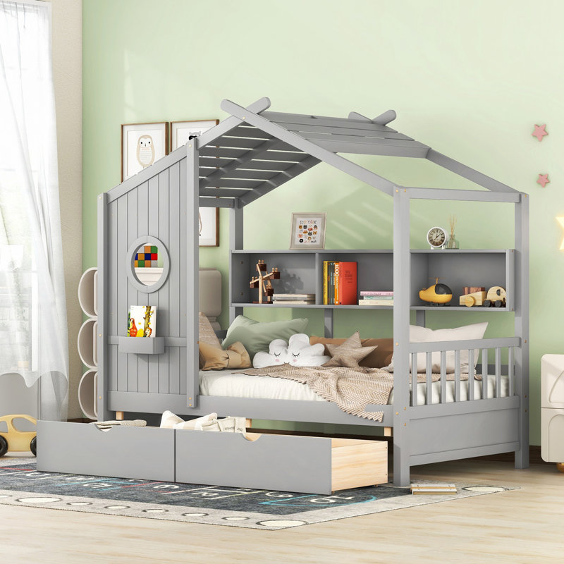 Lit en bois avec 2 tiroirs, lit avec tablette de rangement