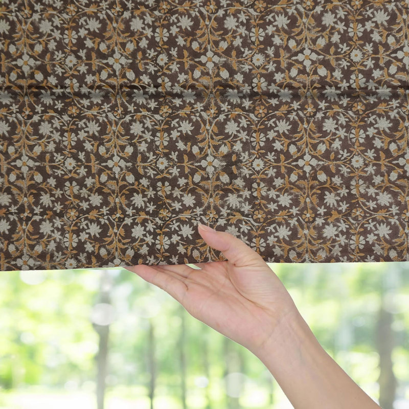Fabdivine Brown 100% Blackout Linen Roman Shade with Hand Block Print Floral Blinds for Windows, Ideal for French Door, Living or Bedroom, Kitchen, Hall, Thick Linen Fabric, Mahalaxmi