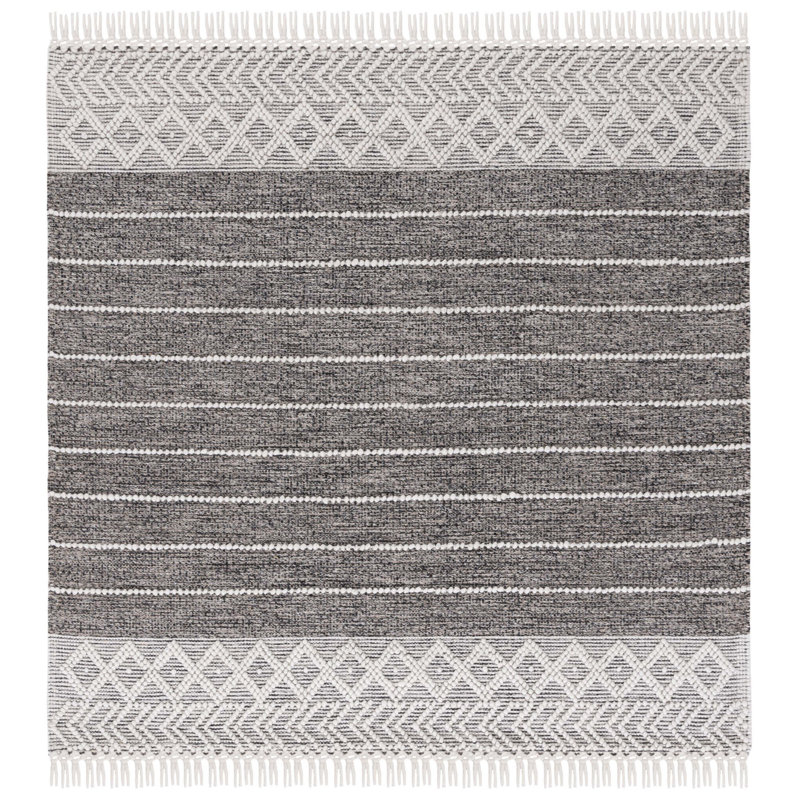 Tenafly Hand Loomed Wool/Cotton Southwestern Rug in Black/Ivory, Square 6'
