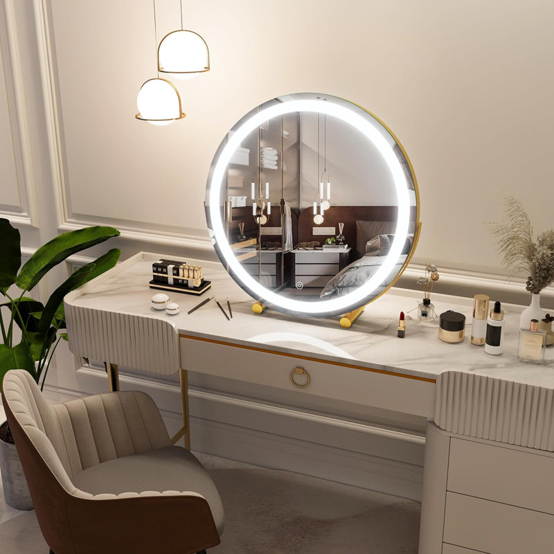 Grand miroir de meuble-lavabo à DEL de 18 pouces avec lumières, miroir de maquillage rond avec capteur tactile, éclairage à intensité variable 3 couleurs, luminosité réglable, rotation à 360 degrés pour la chambre de la table de bureau