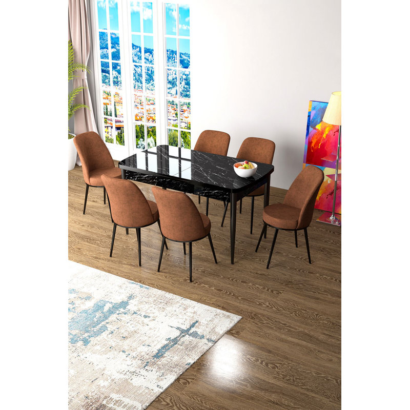 Ensemble de table et chaises de salle à manger extensible Modern (7 pièces), marbre noir et tuile rouge | 100% panneau de fibres à densité moyenne avec pieds en métal | Table: 51,2 po x 30,7 po x 31 po (ouverture: 66,9 po) | Chaises confortables: 17,7 po x 35,8 po x 16,5 po | Élégant et fonctionnel pour les salles à manger