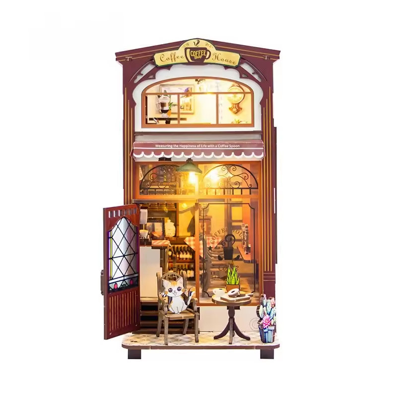 Coffee House Dollhouse Kit - Miniature Wizardi Roombox Kit with LED Light F07M51-84-M2411