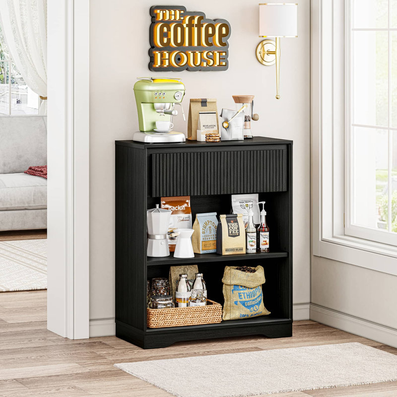 Bibliothèque Guinna à 3 niveaux avec tiroir, petite bibliothèque avec tablette réglable et motif ondulé pour salon, chambre à coucher, bureau à domicile, entrée
