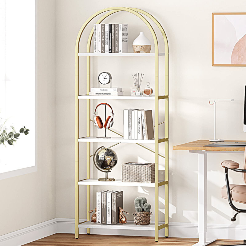 5-Tier Tall Bookshelf with Arched Top, Metal Frame & Wood Finish, Farmhouse Industrial Display Rack, White Gold