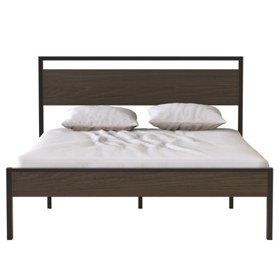 Ceres Queen Metal Bed Frame with Walnut Wood Headboard & Footboard, Sturdy Industrial Style Bed, Noise-Free, No Box Spring Needed