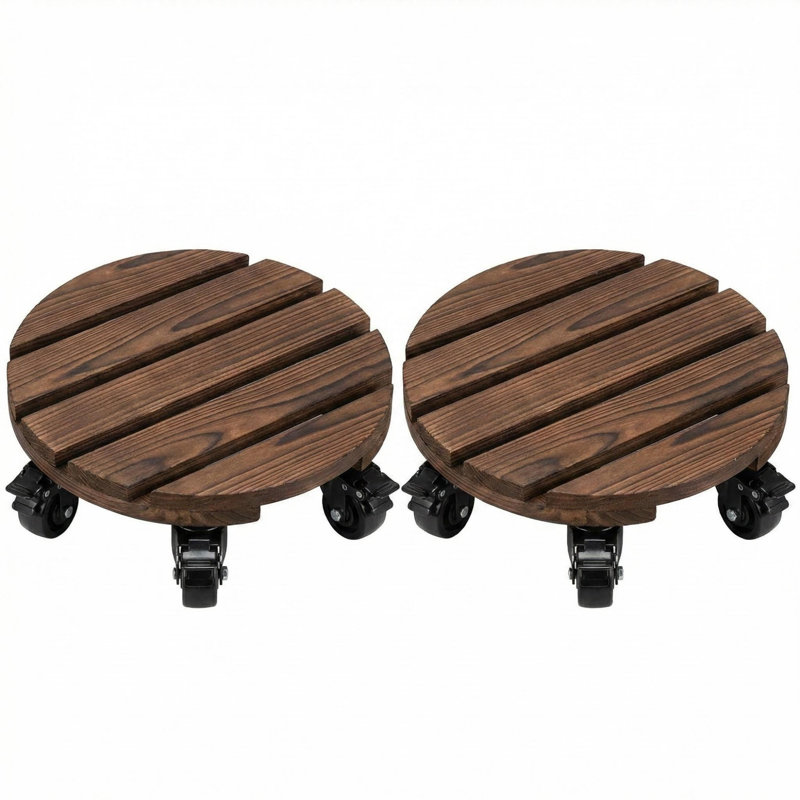2-pack Carbonized Wood Plant Caddy With Locking Wheels, 12" Square Rolling Planter Base
