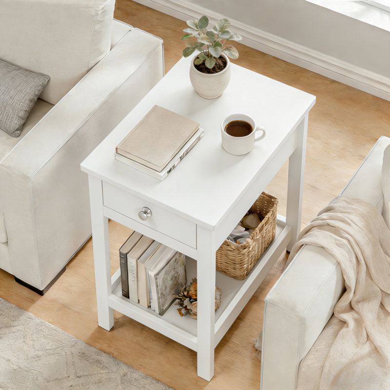 Table de bout de 23,6 po de hauteur avec tiroir et tablette de rangement ouverte, table d'appoint étroite avec tiroir et tablette pour les petits espaces